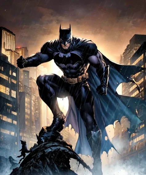 1boy, dark scene, picture of batman in black suit standing on a gargoyle figure, dynamic pose, athletic, white eyes, no pupils, night city, mist, particles, male focus, mask, muscular, muscular male, ragged and torn cape, night, outdoors, rain, serious, dark armosphere, detailed background, jim lee, <lora:jimLeeDCComicsMarvel_offset:0.65>