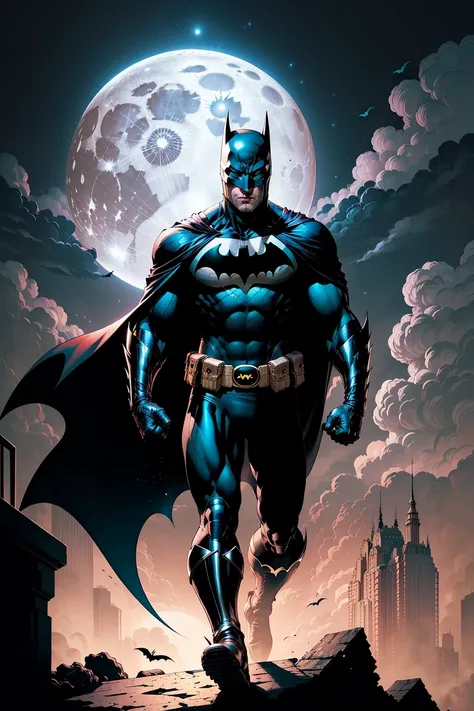 jim lee, 1boy, batman, bat \(animal\), black bodysuit, black gloves, bodysuit, boots, cape, cowl, full moon, gloves, male focus, mask, moon, muscular, night, solo , ((masterpiece)) <lora:jimLeeDCComicsMarvel_offset:0.65>