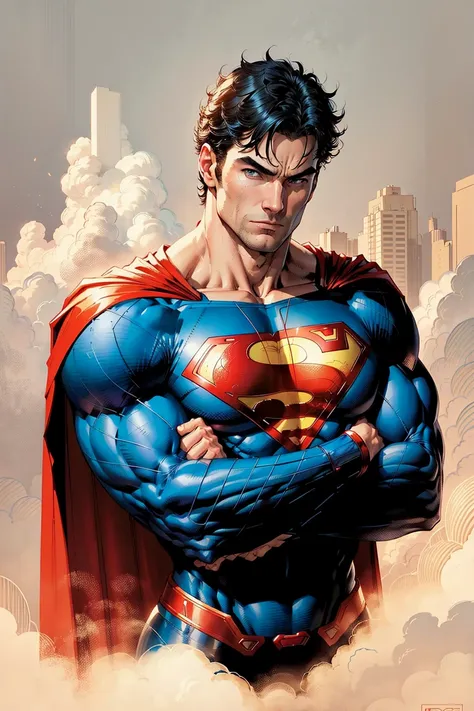 jim lee, 1boy, superman abs, bara, black hair, blue bodysuit, blue eyes, bodysuit, cape, closed mouth, crossed arms, large pectorals, male focus, muscular, muscular male, pectoral lift, pectorals, red cape, short hair, simple background, solo, superhero, upper body,flat style , ((masterpiece)) <lora:jimLeeDCComicsMarvel_offset:0.65>