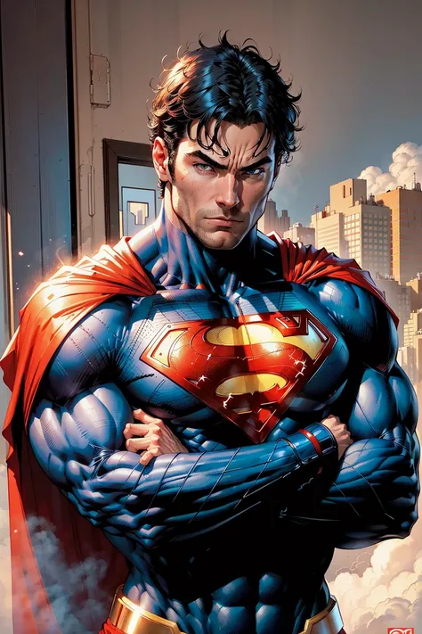 jim lee, 1boy, superman abs, bara, black hair, blue bodysuit, blue eyes, bodysuit, cape, closed mouth, crossed arms, large pectorals, male focus, muscular, muscular male, pectoral lift, pectorals, red cape, short hair, simple background, solo, superhero, upper body,flat style , ((masterpiece)) <lora:jimLeeDCComicsMarvel_offset:0.65>