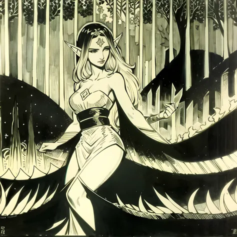 (eyvind earle silkscreen print), elf queen, praying, crown, layered dress, layered sleeves, layered skirt, pointy ears, banner, intricate pattern, elaborate print, runes, forest, wide angle, shaft of light, deep shadows, (masterpiece), absurdres, jim lee, <lora:jimLeeDCComicsMarvel_offset:1>