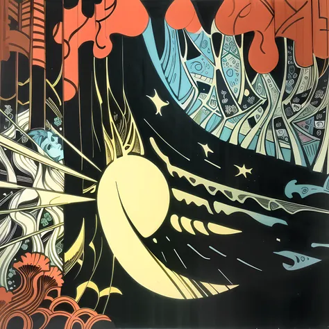 (eyvind earle silkscreen print), elf queen, praying, crown, layered dress, layered sleeves, layered skirt, pointy ears, banner, intricate pattern, elaborate print, runes, forest, wide angle, shaft of light, deep shadows, (masterpiece), absurdres, jim lee, <lora:jimLeeDCComicsMarvel_offset:1>