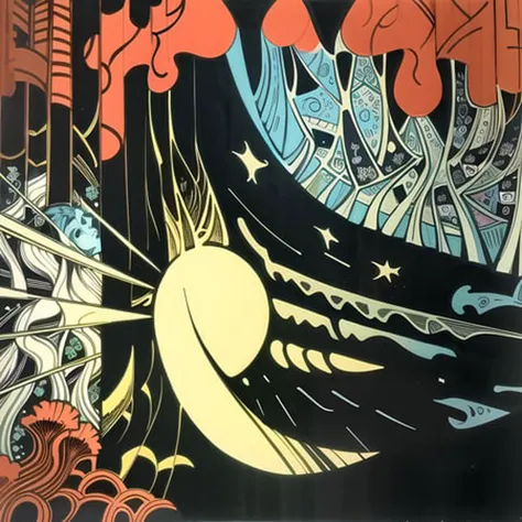 (eyvind earle silkscreen print), elf queen, praying, crown, layered dress, layered sleeves, layered skirt, pointy ears, banner, intricate pattern, elaborate print, runes, forest, wide angle, shaft of light, deep shadows, (masterpiece), absurdres, jim lee, <lora:jimLeeDCComicsMarvel_offset:1>