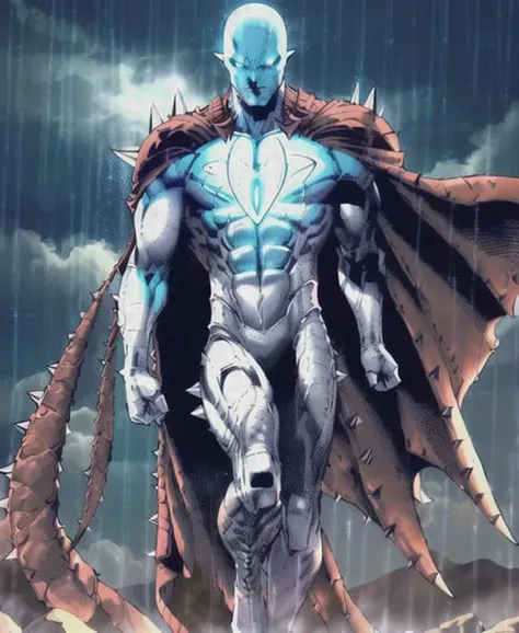 1boy, dark scene, Full body comic art, floating in the sky, humanoid alien, (white skin, alien, spiky skin, scaly skin, evil, :1.3), regal golden armor, red cape, alien king, night sky, male focus, muscular, muscular male, night, outdoors, rain, serious, dark atmosphere, detailed background, jim lee,
<lora:jimLeeDCComicsMarvel_offset:1>