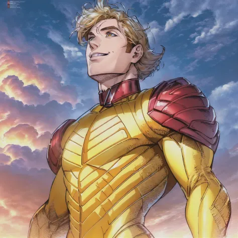 Absurdres, 32K Resolution, Sharp, Detailed, Gorgeous Art, Realistic Lighting, Golden Hour, 1boy, dark scene, Up close comic art, Heroic Pose, (Red Yellow White Bodysuit, High Collar:1.2), Shaggy blonde Hair, Smiling, athletic muscular lean male, Clouds in the sky, Low Angle Shot, Looking Up,
<lora:jimLeeDCComicsMarvel_offset:1>