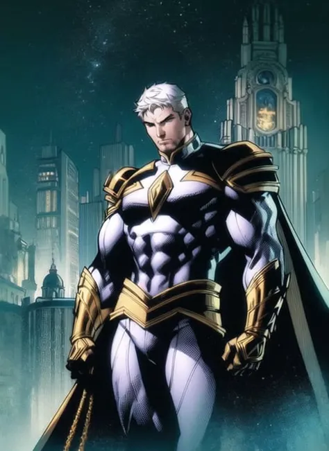 1boy, white and gold hero costume, layered hero bodysuit, white hair, baroque, harsh, dramatic, athletic, male focus, simple background, jim lee, 
 <lora:jimLeeDCComicsMarvel_offset:1>