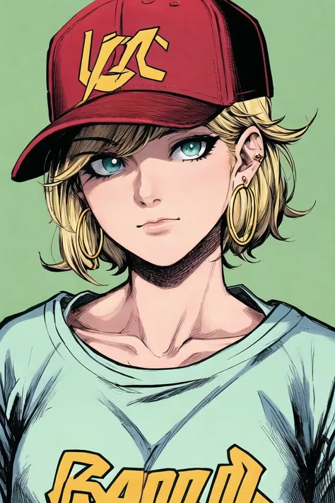 jim lee, masterpiece, best quality, 1girl, aqua eyes, baseball cap, blonde hair, closed mouth, earrings, green background, hat, hoop earrings, jewelry, looking at viewer, shirt, short hair, simple background, solo, upper body, yellow shirt <lora:jim_lee_offset:0.92>