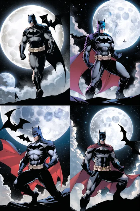 jim lee,
1boy, batman, bat \(animal\), black bodysuit, black gloves, bodysuit, boots, cape, cowl, full moon, gloves, male focus, mask, moon, muscular, night, solo
, ((masterpiece))
<lora:jim_lee_offset:1>