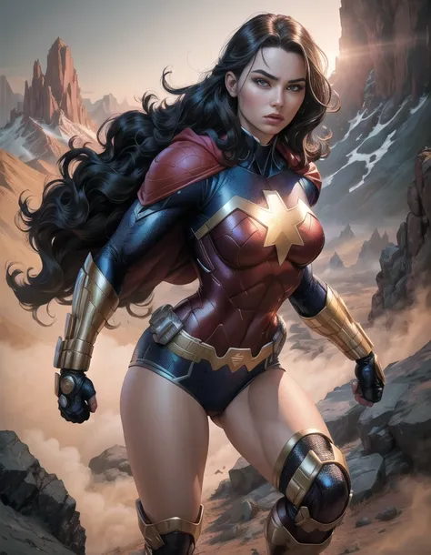 a young female wearing super women suit standing in the wild land with combat pose,jim lee,((best quality)), ((masterpiece)), ((realistic)), (detailed) <lora:jimLeeDCComicsMarvel_offset:0.65>