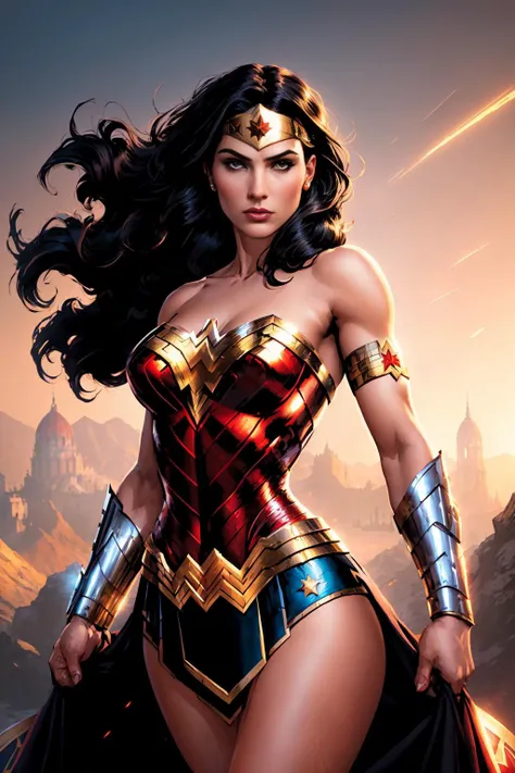 wonder woman, (pretty face:1.2), (finely detailed face and beautiful eyes), mature female, muscle, bare hands, (armlet, armored dress, bracer, head ring ), (black eyes, black long hair, messy hair, floating hair), (long proportional legs), jim lee, <lora:jimLeeDCComicsMarvel_offset:1>, (best quality:1.1),(clear background:1.2), dark_fantasy, wind, 35mm lens, f/1.4, 8K, ((masterpiece)), trending on Artstation, DeviantArt, Mucha, Rutkowski, artgerm