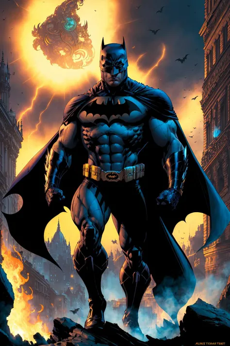 Batman, muscular, macho, manly, dark, serious, hunk, 1man, full armored bodysuit, bat emblem, full cape, fin gauntlets, mask, detective, perching on a cliff, destroyed Gotham City, smoke, fire, debris, superhero, DC Comics, <lora:jimLeeDCComicsMarvel_offset:1> trending on Artstation, artgem, deviant art, Alphonso Mucha and Greg Rutkowski, true anatomy, golden ratio, film grain, subject center focus, masterpiece, HDR, best quality, 8K,