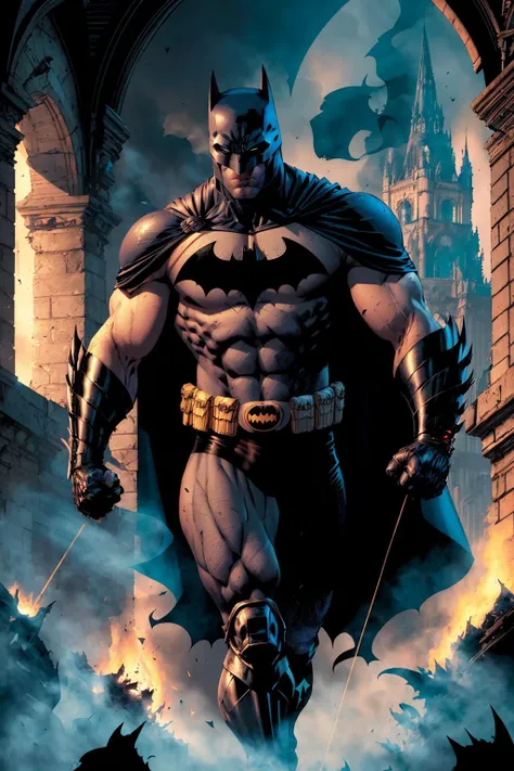 Batman, muscular, macho, manly, dark, serious, hunk, 1man, full armored bodysuit, bat emblem, full cape, fin gauntlets, mask, detective, inside a ruined gothic palace, smoke, fire, debris, superhero, DC Comics, <lora:jimLeeDCComicsMarvel_offset:1> trending on Artstation, artgem, deviant art, Alphonso Mucha and Greg Rutkowski, true anatomy, golden ratio, film grain, subject center focus, masterpiece, HDR, best quality, 8K,