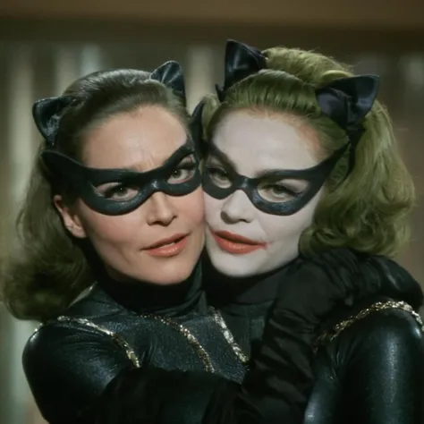 cinematic film still of <lora:Batman1966 Style:1>
the joker hugging catwoman,In year 1966, shallow depth of field, vignette, highly detailed, high budget, bokeh, cinemascope, moody, epic, gorgeous, film grain, grainy