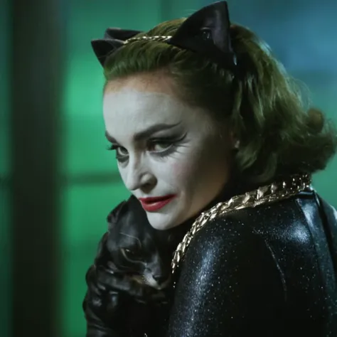 cinematic film still of <lora:Batman1966 Style:1>
the joker hugging catwoman,In year 1966, shallow depth of field, vignette, highly detailed, high budget, bokeh, cinemascope, moody, epic, gorgeous, film grain, grainy