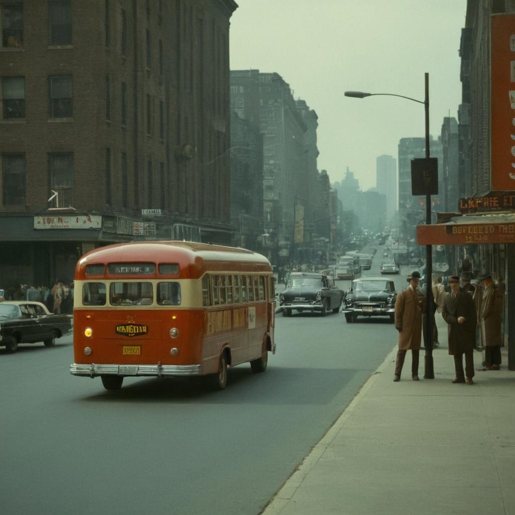There is a bus that is driving down the street in the city - SeaArt AI