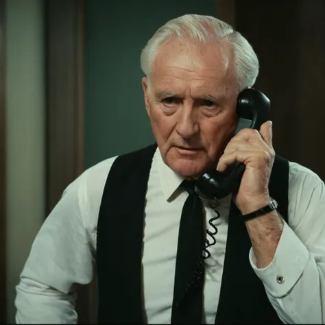 cinematic film still of <lora:Batman1966 Style:1>
In year 1966,a white hair old man in a suit talking on a telephone,Bama1966 Style,shirt,holding,closed mouth,white shirt,white hair,male focus,multiple boys,necktie,collared shirt,2boys,uniform,black,phone,portrait,peaked cap,black necktie,holding phone,realistic,old,old man,talking on phone,wrinkled skin,corded phone,classic,vintage,retro,dramatic light,film look,cinematic , Gotham City, batman universe, ba_ma style, batman style, batman1966 style, shallow depth of field, vignette, highly detailed, high budget, bokeh, cinemascope, moody, epic, gorgeous, film grain, grainy