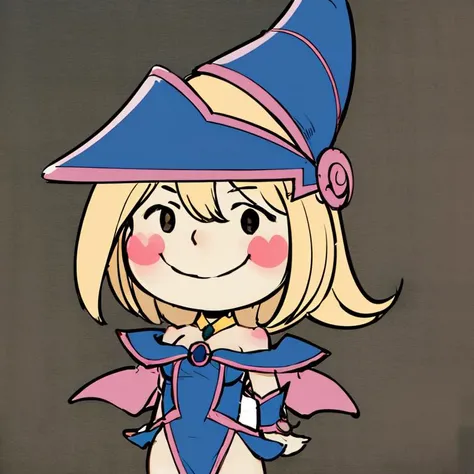 <lora:Charles_Schulz_Style_Dim32:0.8>, chibi, style parody, ((masterpiece,best quality)), absurdres, <lora:dark_magician_girl_v1:0.7>, hmdmg1, wizard hat, blush, blush stickers, cleavage, bare shoulders, dress, off shoulder, solo, smiling, looking at viewer, cowboy shot, cinematic composition, contrapposto