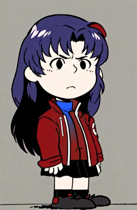chibi, style parody, full body, Misato Kasuragi, long dark hair, red jacket, skirt, simple background, <lora:Charles_Schulz_Style_Dim32:0.9>, black and white, monochrome, <lora:evangelion_anime_style_offset:0.7>