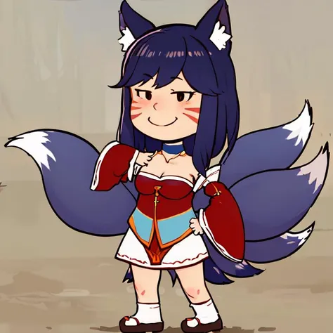 <lora:Charles_Schulz_Style_Dim32:0.8>, chibi, style parody, full body, simple background,((masterpiece,best quality)), absurdres, ah1, facial mark, multiple tails, fox tails, korean clothes, cleavage, bare shoulders, detached sleeves, <lora:ahri_v10:0.7>, outdoors, standing, cowboy shot, smile, contrapposto