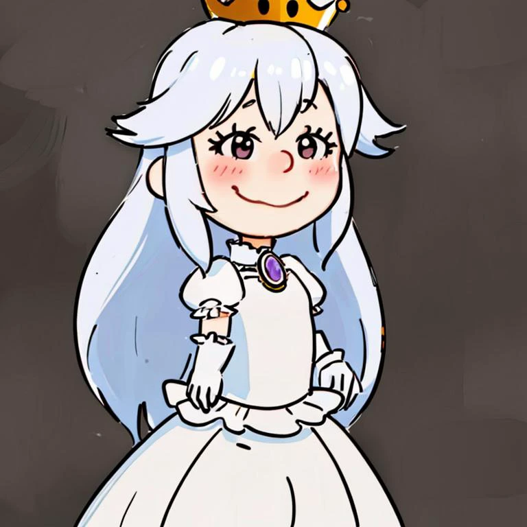 <lora:Charles_Schulz_Style_Dim32:0.8>, chibi, style parody, ((masterpiece,best quality)), absurdres, <lora:Boosette_Mario_Anime:0.8>, Boosette_Mario, 1girl, long hair, white hair, long white dress, ballroom dress, white gloves, solo, smiling, blushing, looking at viewer, cowboy shot, cinematic composition, thick lineart, simple background,