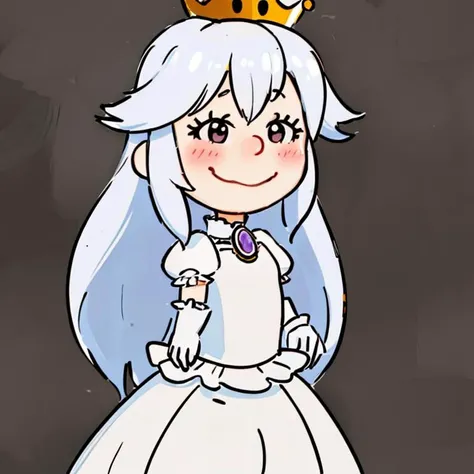 <lora:Charles_Schulz_Style_Dim32:0.8>, chibi, style parody, ((masterpiece,best quality)), absurdres, <lora:Boosette_Mario_Anime:0.8>, Boosette_Mario, 1girl, long hair, white hair, long white dress, ballroom dress, white gloves, solo, smiling, blushing, looking at viewer, cowboy shot, cinematic composition, thick lineart, simple background,