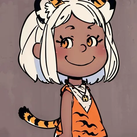 <lora:Charles_Schulz_Style_Dim32:0.8>, chibi, style parody,  full body, simple background,masterpiece, best quality, 1girl, beautiful face,  <lora:Toni_Citron_OC_Anime:0.6>, Toni_Citron_OC, tiger ears, tiger tail, white hair, dark skin, necklace, animal print, pelvic curtain,   solo, looking at viewer, smiling, upper body, beautiful orange eyes,