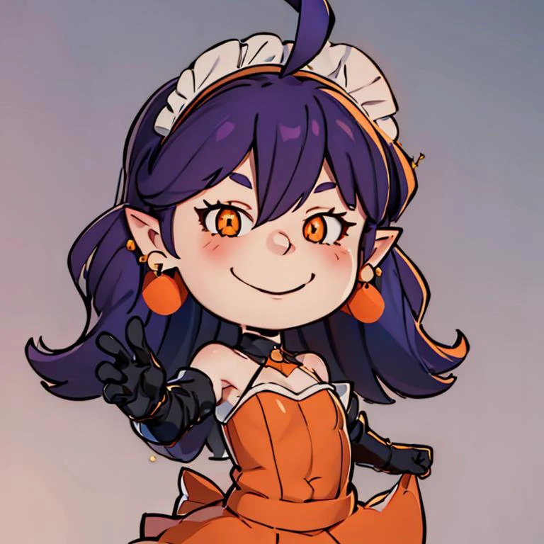 <lora:Charles_Schulz_Style_Dim32:0.8>, chibi, style parody, ((masterpiece,best quality)), absurdres, <lora:Stardust_Pumpkins_Citron_OC_Anime:0.8>, Stardust_Pumpkins_Citron_OC, 1girl, solo, long purple hair, orange eyes, ahoge, pointy ears, orange dress, elbow gloves, bare shoulders, maid headdress, jewelry, earrings, solo, smiling, looking at viewer, cowboy shot,