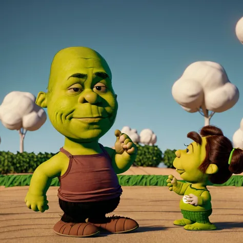 (Shrek), Charles Schulz Peanuts Chibi Style Artist Style, (4k, 8k, extreme detail, ultra quality, HD, high definition, HDR, high dynamic range, octane render)