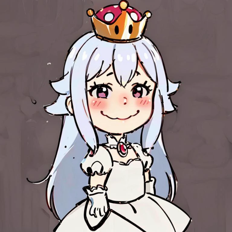 <lora:Charles_Schulz_Style_Dim32:0.8>, chibi, style parody,  full body, simple background,((masterpiece,best quality)), absurdres, <lora:Boosette_Mario_Anime:0.9>, Boosette_Mario, 1girl, long hair, white hair, long white dress, ballroom dress, white gloves,  solo, smiling, blushing, looking at viewer, cowboy shot,  cinematic composition,