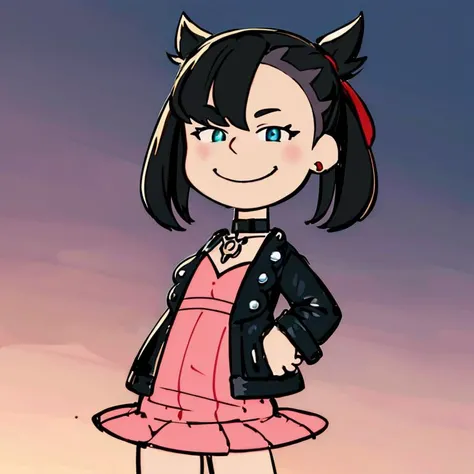 <lora:Charles_Schulz_Style_Dim32:0.8>, chibi, style parody, ((masterpiece,best quality)), absurdres, <lora:marnie_v1:0.7>, hmmarnie, aqua eyes, black choker, red ribbon, pink dress, jewelry, black jacket, open clothes, long sleeves, solo, smiling, looking at viewer, cowboy shot, cinematic composition, contrapposto,