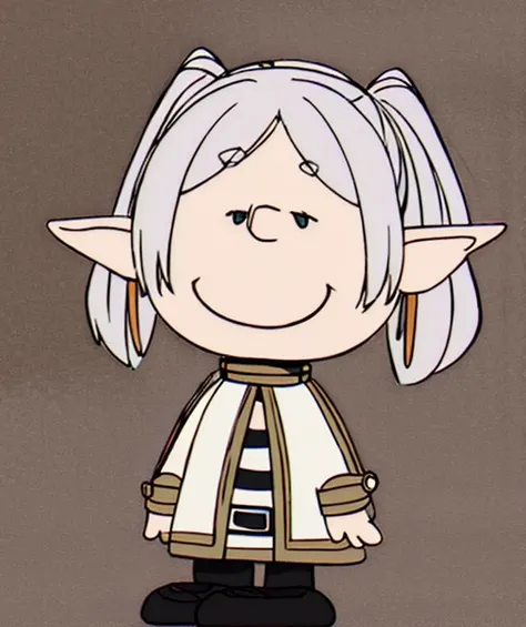 masterpiece,best quality, ssfrieren, 1girl, solo, pointy ears, twintails, black pantyhose, belt, white capelet, white dress, long sleeves, grey hair, medium hair, chibi, style parody,simple background,absurderes,smiling<lora:frieren_sd_v2:1.1> <lora:Charles_Schulz_Style_Dim32:0.8>