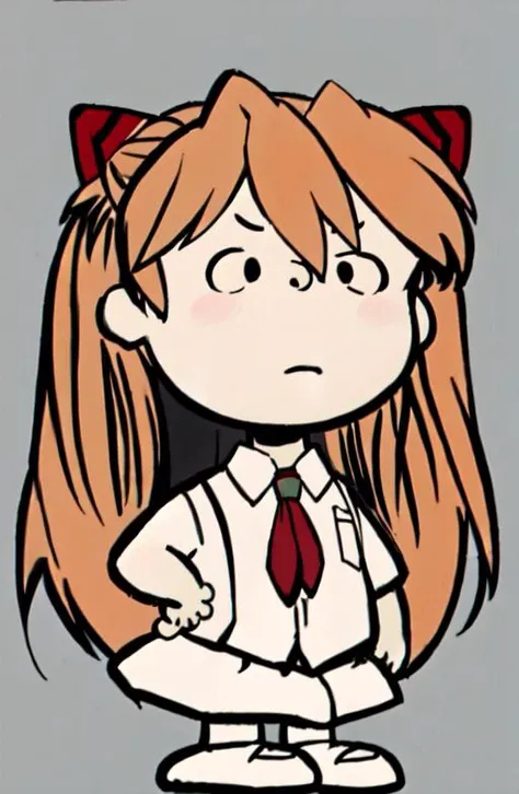 chibi, style parody, full body, Asuka Langley, long orange hair, school uniform, simple background, <lora:Charles_Schulz_Style_Dim32:0.9>, black and white, monochrome,  <lora:evangelion_anime_style_offset:0.7>