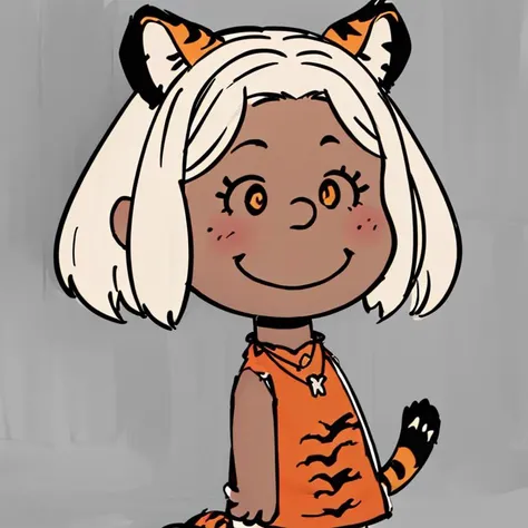 <lora:Charles_Schulz_Style_Dim32:0.8>, chibi, style parody,  full body, simple background,masterpiece, best quality, 1girl, beautiful face,  <lora:Toni_Citron_OC_Anime:0.6>, Toni_Citron_OC, tiger ears, tiger tail, white hair, dark skin, necklace, animal print, pelvic curtain,   solo, looking at viewer, smiling, upper body, beautiful orange eyes,