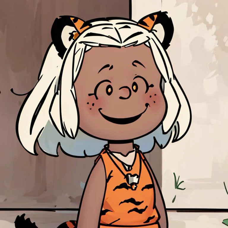 <lora:Charles_Schulz_Style_Dim32:0.8>, chibi, style parody, masterpiece, best quality, 1girl, beautiful face, <lora:Toni_Citron_OC_Anime:0.6>, Toni_Citron_OC, tiger ears, tiger tail, white hair, dark skin, necklace, animal print, pelvic curtain, solo, looking at viewer, smiling, upper body, beautiful orange eyes,