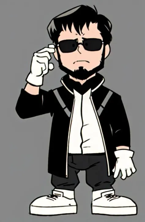 chibi, style parody, full body, Gendo Ikari, beard, short dark hair, black jacket, gloves, glasses, simple background, looking at viewer, <lora:Charles_Schulz_Style_Dim32:0.9>, black and white, monochrome, <lora:evangelion_anime_style_offset:0.7>