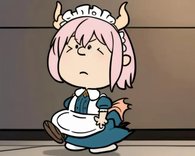 1girl,solo,cute,maid headdress,dragon maid,kitchen,chibi,dragon horns,style parody,2d,cartoon,<lora:Charles_Schulz_Style_Dim32:1>, sfw,beautiful, masterpiece, best quality,absurderes,octane render