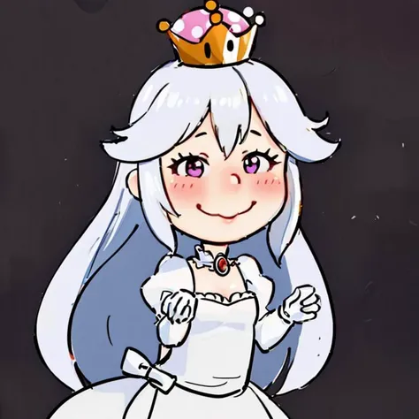 <lora:Charles_Schulz_Style_Dim32:0.8>, chibi, style parody, ((masterpiece,best quality)), absurdres, <lora:Boosette_Mario_Anime:0.8>, Boosette_Mario, 1girl, long hair, white hair, long white dress, ballroom dress, white gloves, solo, smiling, blushing, looking at viewer, cowboy shot, cinematic composition, thick lineart, simple background,