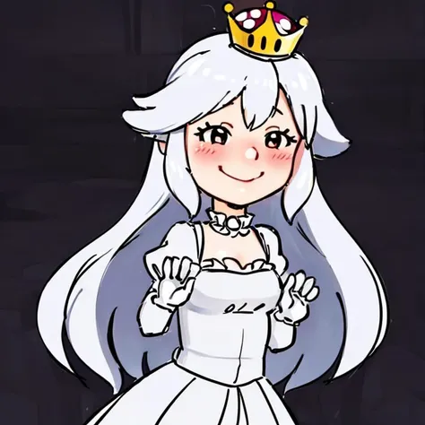 <lora:Charles_Schulz_Style_Dim32:0.8>, chibi, style parody, ((masterpiece,best quality)), absurdres, <lora:Boosette_Mario_Anime:0.8>, Boosette_Mario, 1girl, long hair, white hair, long white dress, ballroom dress, white gloves, solo, smiling, blushing, looking at viewer, cowboy shot, cinematic composition, thick lineart,