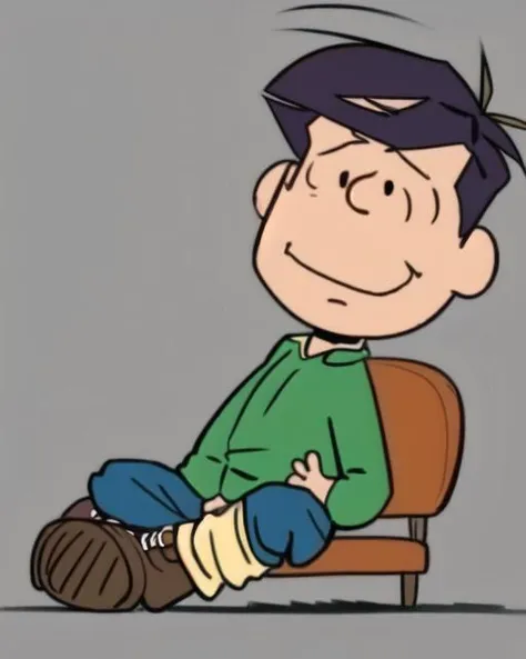 1boy,solo,gigachad sitting on a chair,jeans,smug,style parody,2d,cartoon,<lora:Charles_Schulz_Style_Dim32:1>, sfw,beautiful, masterpiece, best quality,absurderes,octane render