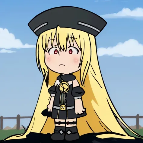 <lora:Charles_Schulz_Style_Dim32:0.8>, chibi, style parody, ((masterpiece,best quality)), absurdres, (finely detailed beautiful eyes: 1.2), phyami, yaminor, 1girl, solo, blonde hair, long hair, red eyes, thigh strap, very long hair, detached sleeves, black dress, <lora:yami-v1:1.0>,contrapposto
