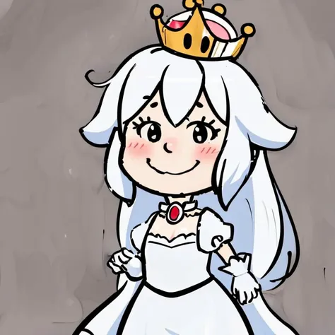 <lora:Charles_Schulz_Style_Dim32:0.8>, chibi, style parody, ((masterpiece,best quality)), absurdres, <lora:Boosette_Mario_Anime:0.8>, Boosette_Mario, 1girl, long hair, white hair, long white dress, ballroom dress, white gloves, solo, smiling, blushing, looking at viewer, cowboy shot, cinematic composition, thick lineart, simple background,