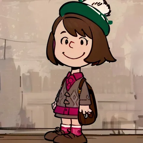 <lora:Charles_Schulz_Style_Dim32:0.8>, chibi, style parody, full body, simple background,((masterpiece,best quality)), absurdres, <lora:gloria_(pokemon)_v1:0.7>, gloria \(pokemon\), brown hair, solo, backpack, brown eyes, tam o' shanter, grey cardigan, pink dress, short hair, green socks, socks, brown bag, bob cut, bangs, long sleeves, collared dress, solo, smiling, looking at viewer, cowboy shot, cinematic composition, contrapposto,
