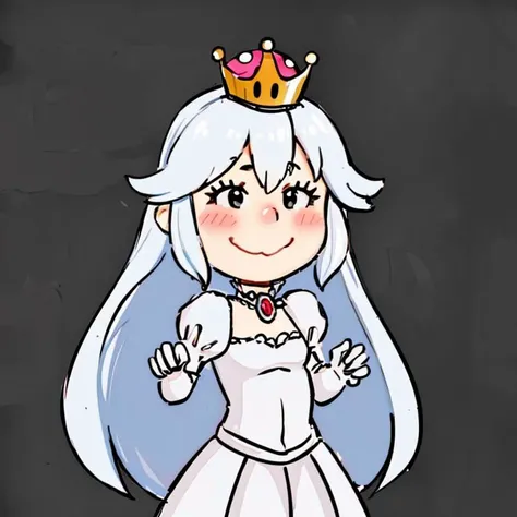 <lora:Charles_Schulz_Style_Dim32:0.8>, chibi, style parody, ((masterpiece,best quality)), absurdres, <lora:Boosette_Mario_Anime:0.8>, Boosette_Mario, 1girl, long hair, white hair, long white dress, ballroom dress, white gloves, solo, smiling, blushing, looking at viewer, cowboy shot, cinematic composition, thick lineart, simple background,