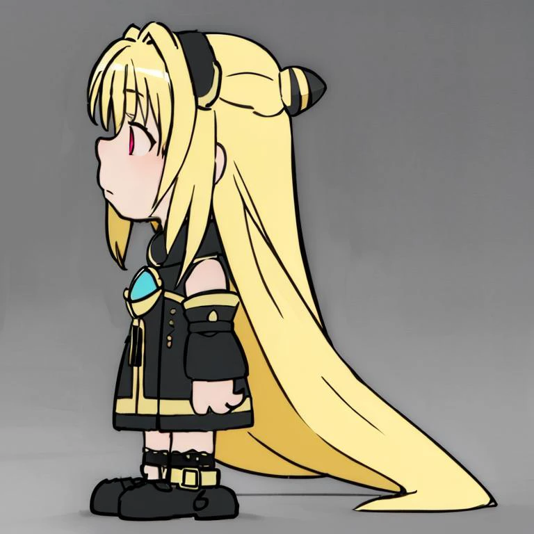 <lora:Charles_Schulz_Style_Dim32:0.8>, chibi, style parody, full body, simple background,((masterpiece,best quality)), absurdres, (finely detailed beautiful eyes: 1.2), phyami, yaminor, 1girl, solo, blonde hair, long hair, red eyes, thigh strap, very long hair, detached sleeves, black dress, <lora:yami-v1:1.0>,contrapposto