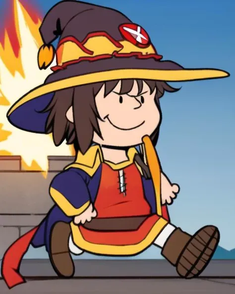 1girl,solo,megumin,witch hat,explosion,inferno,smug,style parody,2d,cartoon,<lora:Charles_Schulz_Style_Dim32:1>, sfw,beautiful, masterpiece, best quality,absurderes,octane render