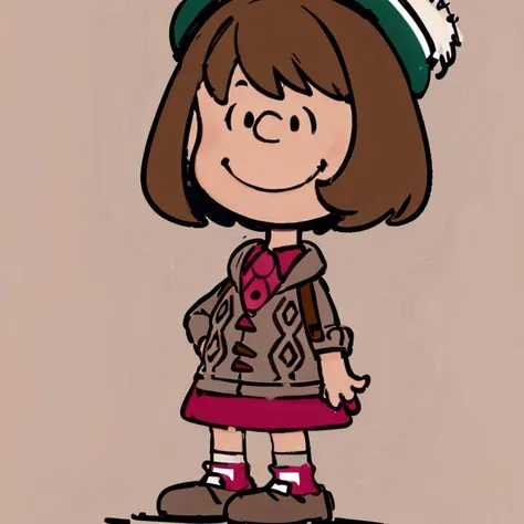 <lora:Charles_Schulz_Style_Dim32:0.8>, chibi, style parody, full body, simple background,((masterpiece,best quality)), absurdres, <lora:gloria_(pokemon)_v1:0.7>, gloria \(pokemon\), brown hair, solo, backpack, brown eyes, tam o' shanter, grey cardigan, pink dress, short hair, green socks, socks, brown bag, bob cut, bangs, long sleeves, collared dress, solo, smiling, looking at viewer, cowboy shot, cinematic composition, contrapposto,