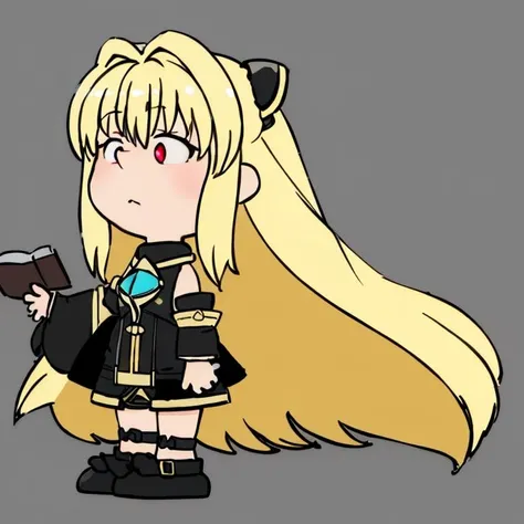 <lora:Charles_Schulz_Style_Dim32:0.8>, chibi, style parody, full body, simple background,((masterpiece,best quality)), absurdres, (finely detailed beautiful eyes: 1.2), phyami, yaminor, 1girl, solo, blonde hair, long hair, red eyes, thigh strap, very long hair, detached sleeves, black dress, <lora:yami-v1:1.0>,contrapposto