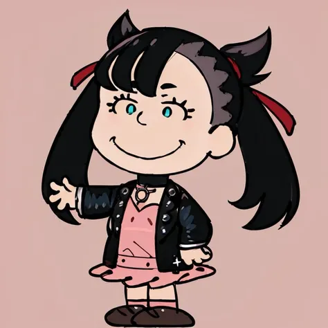 <lora:Charles_Schulz_Style_Dim32:0.8>, chibi, style parody, full body, simple background,((masterpiece,best quality)), absurdres, <lora:marnie_v1:0.7>, hmmarnie, aqua eyes, black choker, red ribbon, pink dress, jewelry, black jacket, open clothes, long sleeves, solo, smiling, looking at viewer, cowboy shot, cinematic composition, contrapposto,