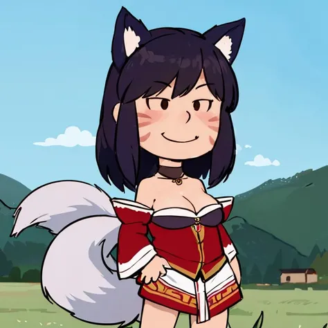 <lora:Charles_Schulz_Style_Dim32:0.8>, chibi, style parody, ((masterpiece,best quality)), absurdres, ah1, solo, facial mark, multiple tails, fox tails, korean clothes, cleavage, bare shoulders, detached sleeves, <lora:ahri_v10:0.7>, outdoors, standing, cowboy shot, smile, contrapposto