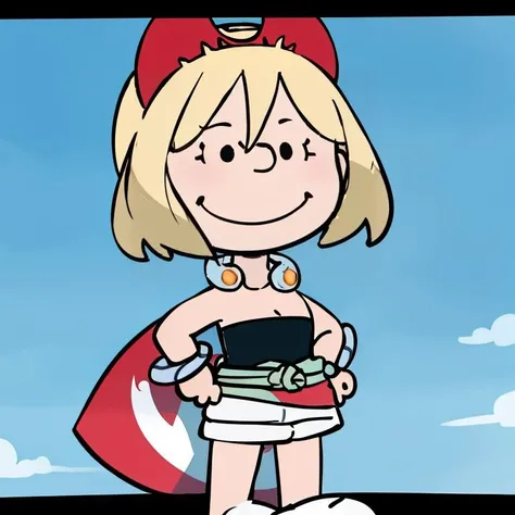 <lora:Charles_Schulz_Style_Dim32:0.8>, chibi, style parody, ((masterpiece,best quality)), absurdres, <lora:irida_(pokemon)_v1:0.7>, aairida, short hair, red hairband, neck ring, collar, strapless shirt, red shirt, bracelet, sash, waist cape, white shorts, bare legs, solo, smiling, looking at viewer, cowboy shot, cinematic composition, contrapposto,